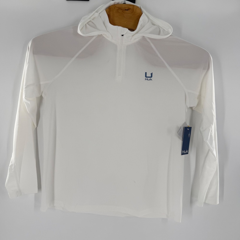 Huk Icon LS Hoodie Mens Large White Quarter Zip Fishing Shirt H6120170-100-L